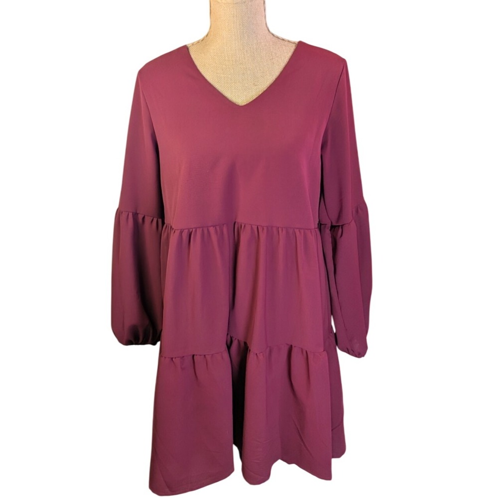 Womens Romantic Burgundy Babydoll Tiered V Neck Long Sleeve Fairy Mini Dress ‎ M